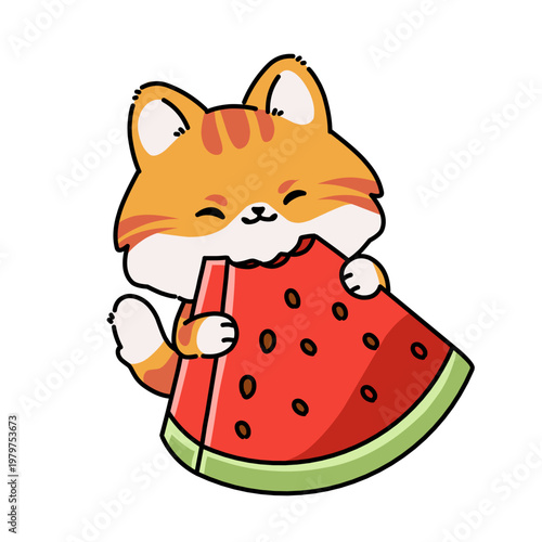 Adorable cat eating watermelon slice, colorful cartoon illustration perfect for summer themes, food design, and stickers.