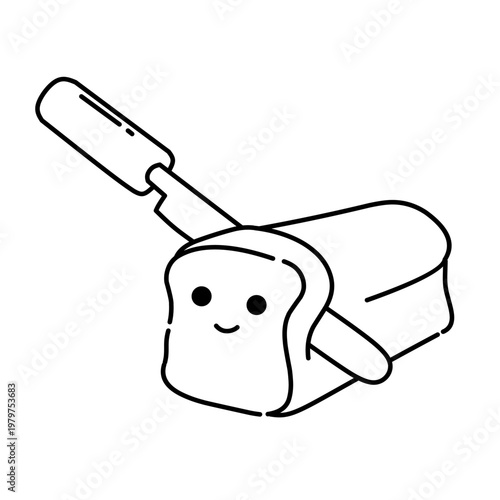 Cute bread character with knife illustration, minimal line art style, ideal for bakery concepts, food branding, and fun visuals.