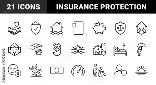 Insurance and risk protection outline icons set for business and finance
