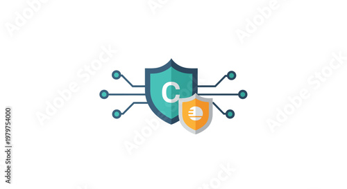 Cybersecurity shield icon with connections and a small shield, representing data protection and network security