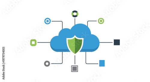 Secure cloud computing concept with a shield on a cloud and network connections, representing data protection and cybersecurity