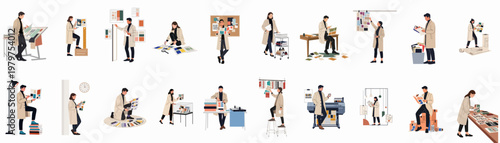 Diverse collection of designers and architects working with color palettes, mood boards, and design tools in various professional studio settings.