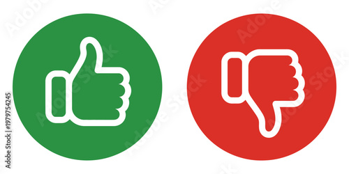 Thumbs up and thumbs down icon sign isolated on white and transparent background, green and red circle vector illustration button