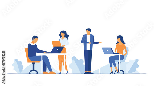 Business people working, office team collaboration, coworkers with laptops, modern workspace illustration