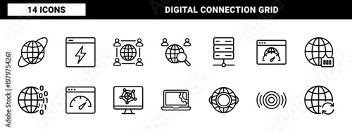 Global internet and network connection line icon set