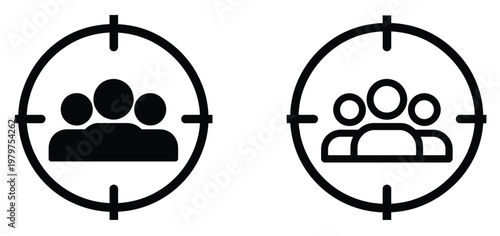 audience targeting icons pack, people group in crosshair symbols, marketing and user segmentation concept, outline style design, business analysis and strategy vector illustration isolated on white ba
