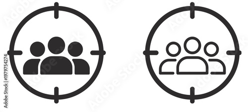 target audience icon set, group people in crosshairs symbols, marketing segmentation and focus concept, outline and line styles, business strategy and analytics icons, clean vector illustration on 