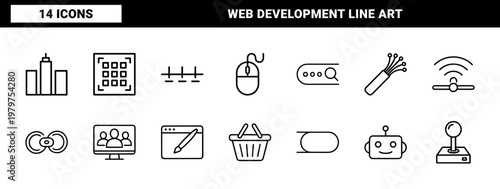 Black and white internet technology outline icon grid for web design