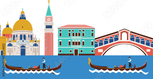 Venice Cityscape Illustration with Gondolas, Grand Canal, St Mark Basilica, Rialto Bridge, and Historic Italian Architecture Travel Vector Design