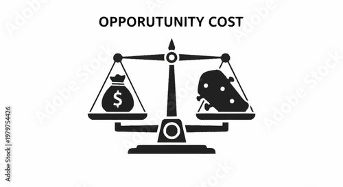 Opportunity cost concept with money and piggy bank on scales.