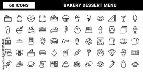 Sweet dessert and bakery thin line icon set
