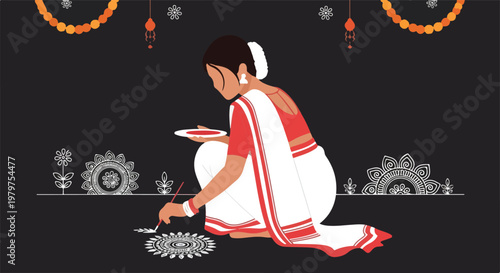 An illustration of a woman in a white and red saree drawing a traditional Alpona pattern on the floor during a festive occasion.