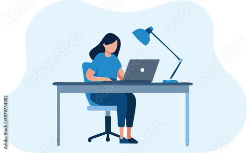 Businesswoman working on laptop, office workspace, modern desk setup, professional woman