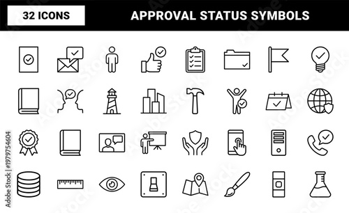 Minimalist verification and quality control line icon grid