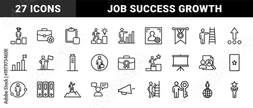 Job life and career growth outline icons with business symbols