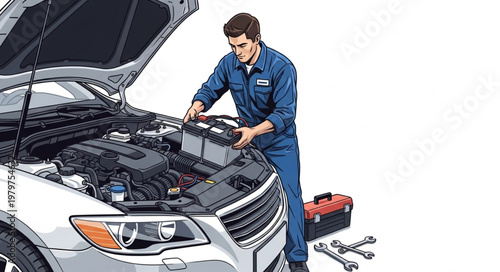 Mechanic working on car engine with tools.
