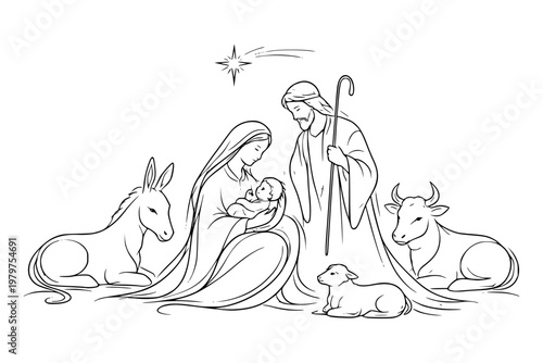 Holy Family with baby Jesus, Mary, Joseph, donkey, ox, and sheep in line art style on a white background, symbolizing the nativity scene