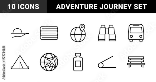 Travel and adventure journey line icon set