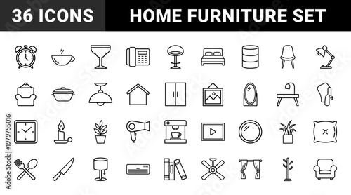 Minimalist interior furniture and home appliances line icon set