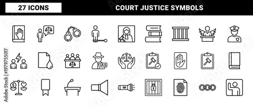 Legal and justice system line icons for law firms and courts