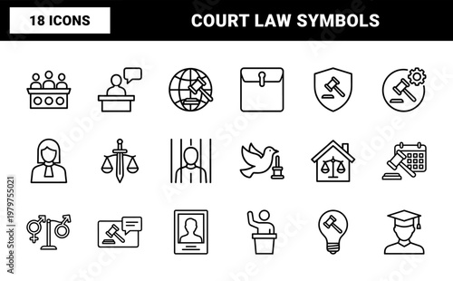 Legal and justice system outline icons for judicial process and courtroom law