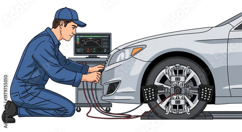 Mechanic with car diagnostic tool.