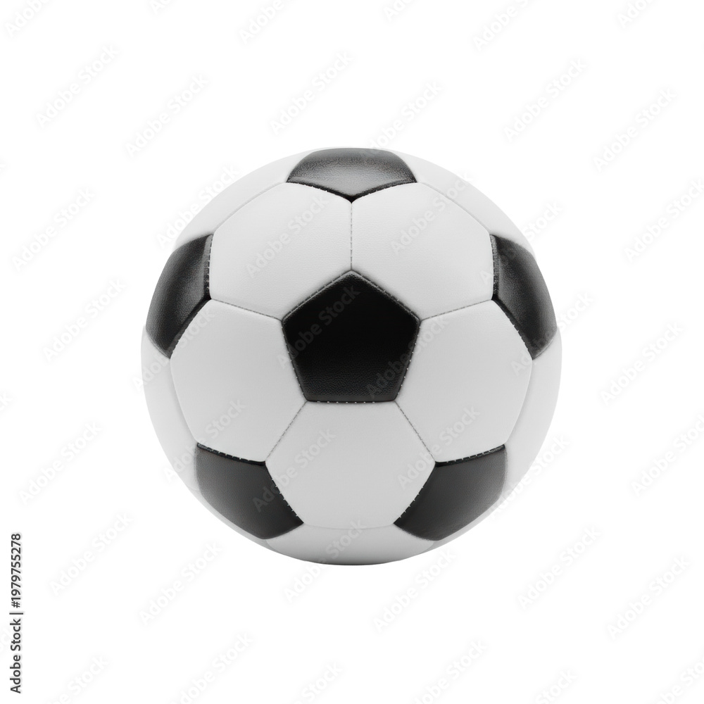 Fototapeta premium Classic black and white soccer ball with synthetic leather texture and detailed stitching isolated on a transparent background. Athletic equipment concept