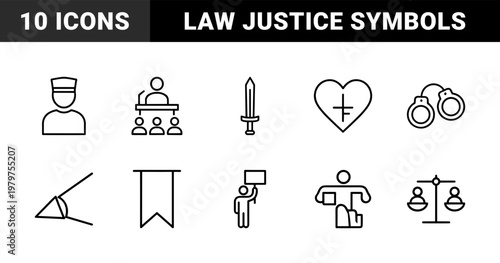 Legal and justice system line icons with gavel and scales