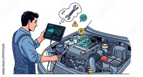 Mechanic with diagnostic tablet computer.