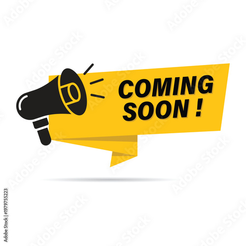 coming soon yellow flat label with megaphone icon for marketing announcement and product launch teaser
