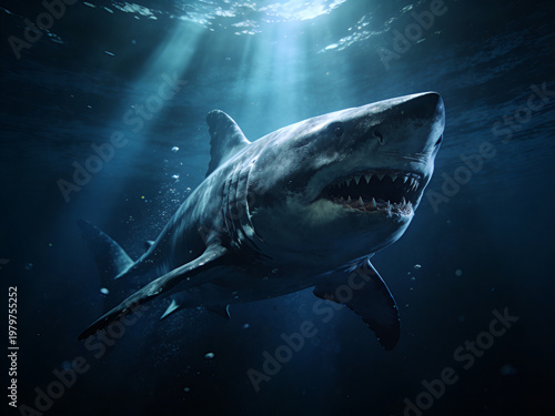 Cinematic megalodon emerging from dark ocean depths