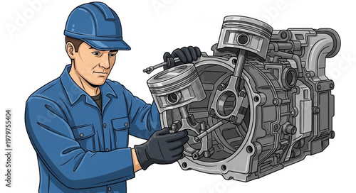 Mechanic working on an internal combustion engine assembly.