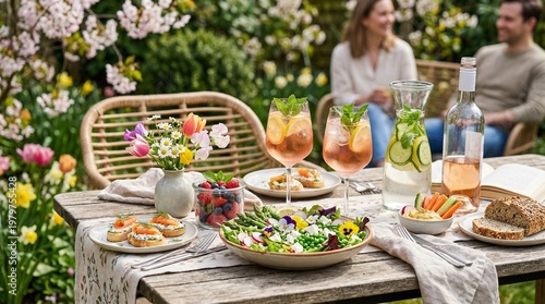 Couple enjoys spring fashion items on a table in a garden
