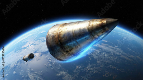 Ballistic missile re-entry vehicle approaching Earth from space with plasma trail