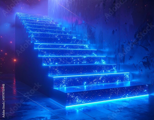 Glowing blue stairs ascend in a dark, textured space, with nebulae-like designs