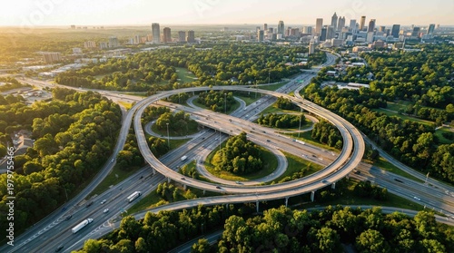 Aerial view of a complex highway interchange surrounded by lush green trees