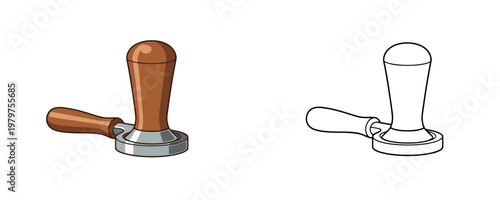 Professional espresso tamper with wooden handle in cartoon and line art style with brown and silver colors represents barista equipment for coffee pressing on white background