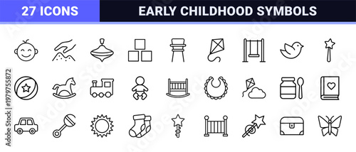 Minimalist baby and childhood outline icon set with nursery symbols