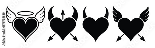 Angel and Devil Heart with Wings, Horns, and Arrows