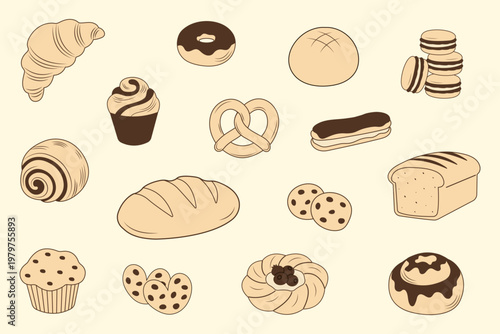 Bakery collection with hand drawn bread and sweet pastry vector illustration