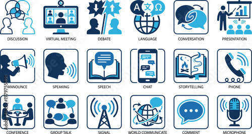 Communication and Media Icon Set Featuring Speaking, Chat, Storytelling, Conference, Group Discussion, Signal, Global Communication, Microphone, and Phone Symbols