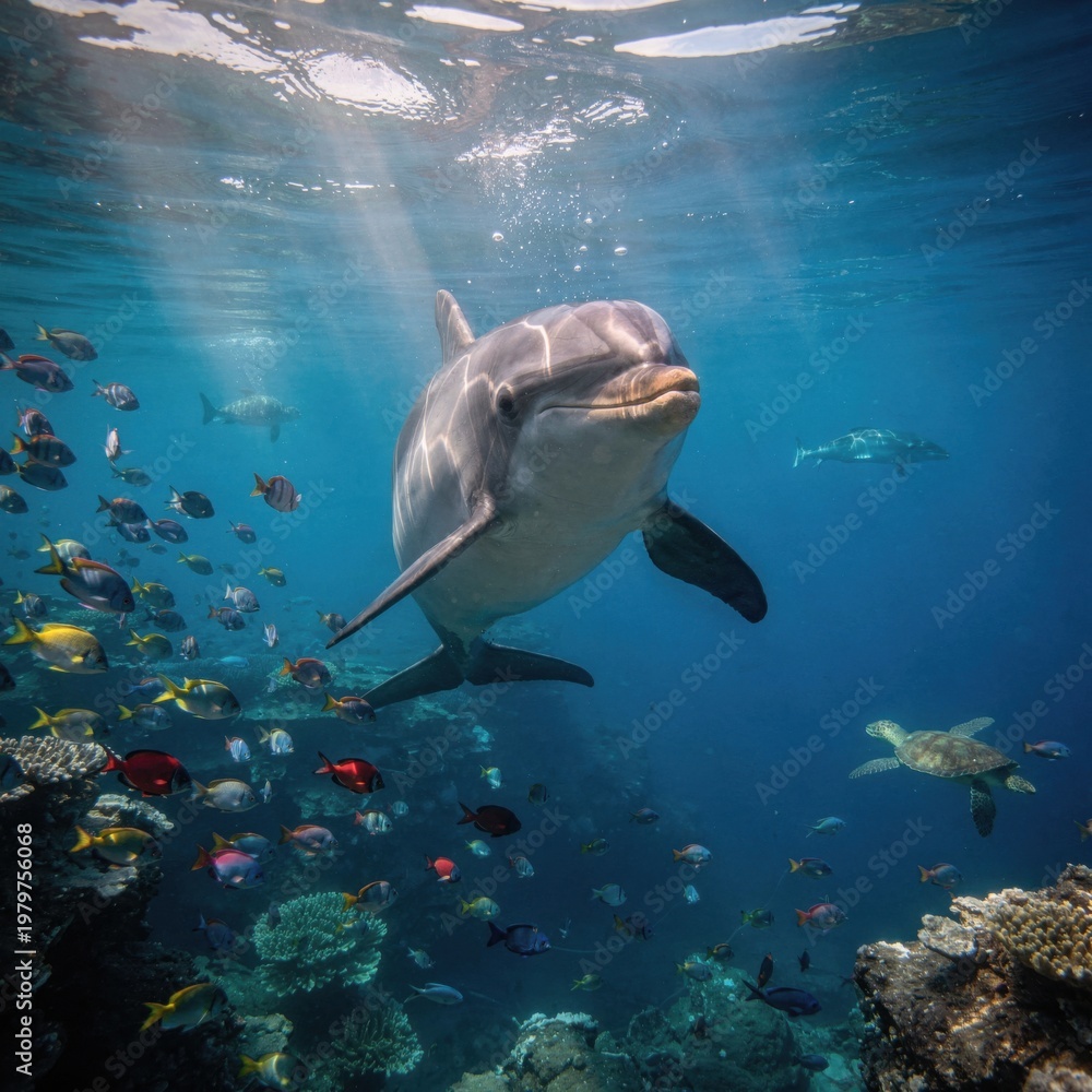 Fototapeta premium dolphin swimming with tropical fish underwater
