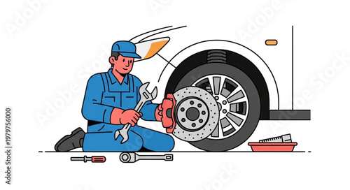 Mechanic working on car brake system with tools.