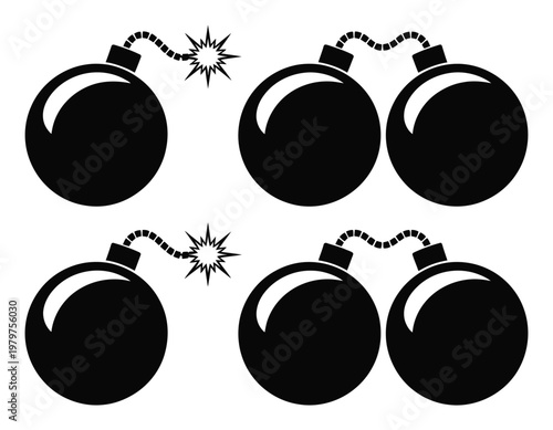 Black cartoon bombs with fuses and sparks on a white background