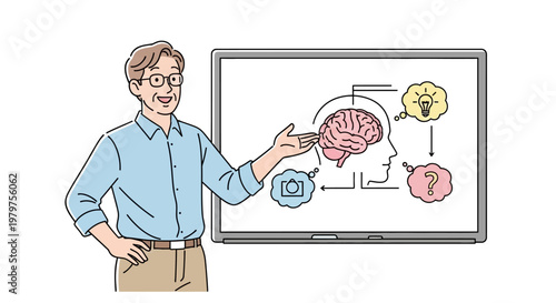 Man explaining brain function diagram.