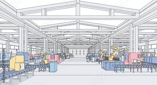 Industrial warehouse interior with machinery.
