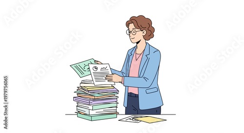 Woman holding stack of papers office.