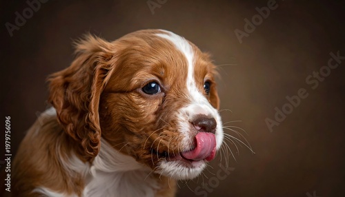 Cute brown & white puppy licks its nose. Soft fur and dreamy brown background