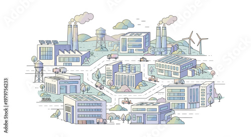 Cityscape with buildings and wind turbines.