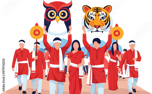 A vibrant cultural procession featuring people in traditional red and white attire, carrying large owl and tiger head effigies, symbolizing a festive event.